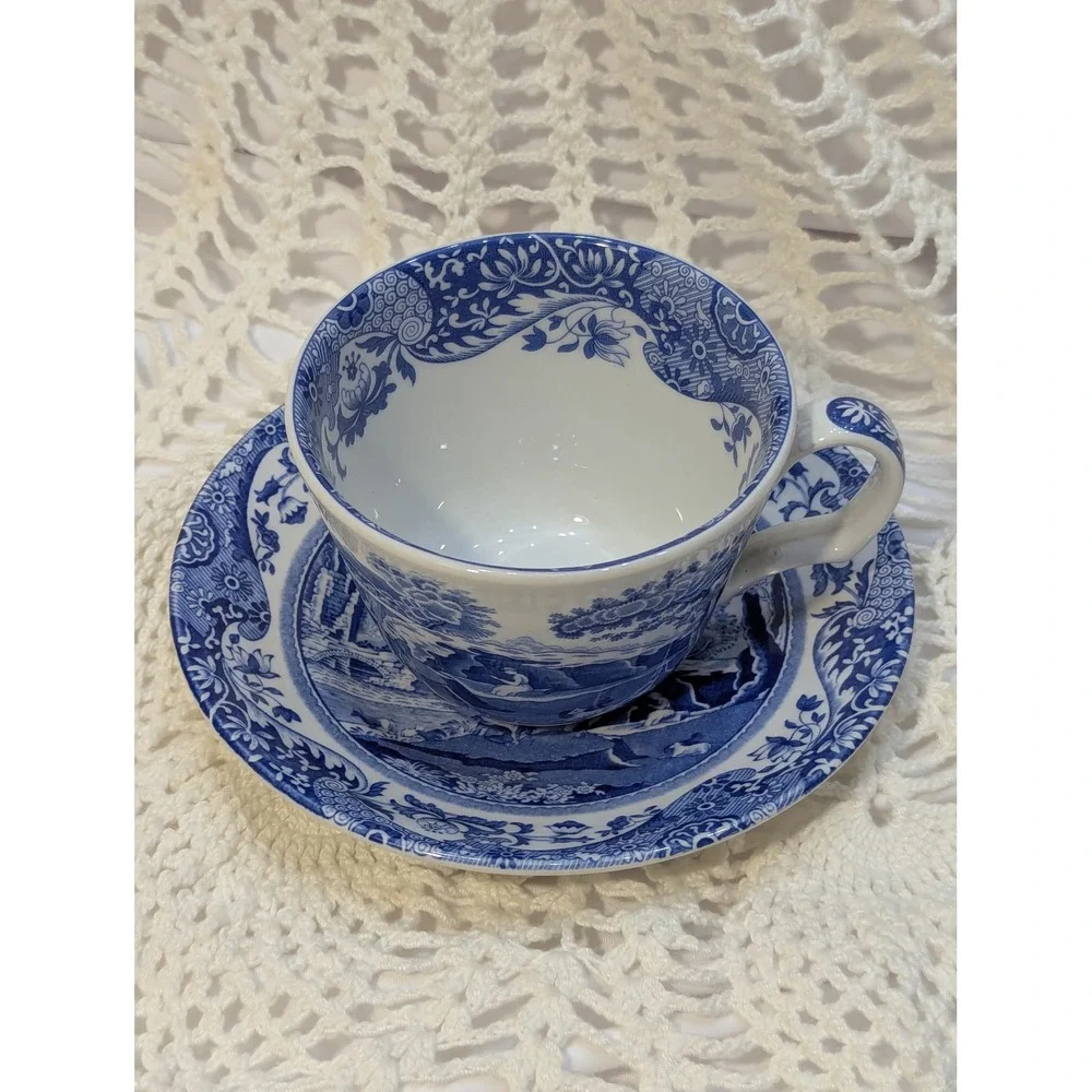 Spode Blue Italian Tea Cup and Saucer Made in England Blue White Transferware